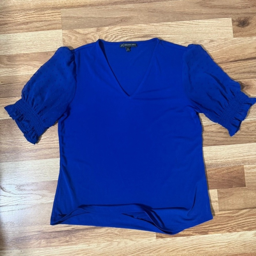 Adrianna Papell Royal Blue V-Neck Swiss Dot Puff Sleeve Smocked Knit Top XS